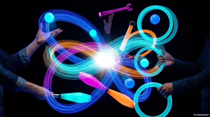 Two jugglers at opposite sides of the frame surrounded by an explosion of multicolored light trails - clubs, balls, and rings all visible in the chaos of a shared pattern, an infinity loop at the center where the light converges