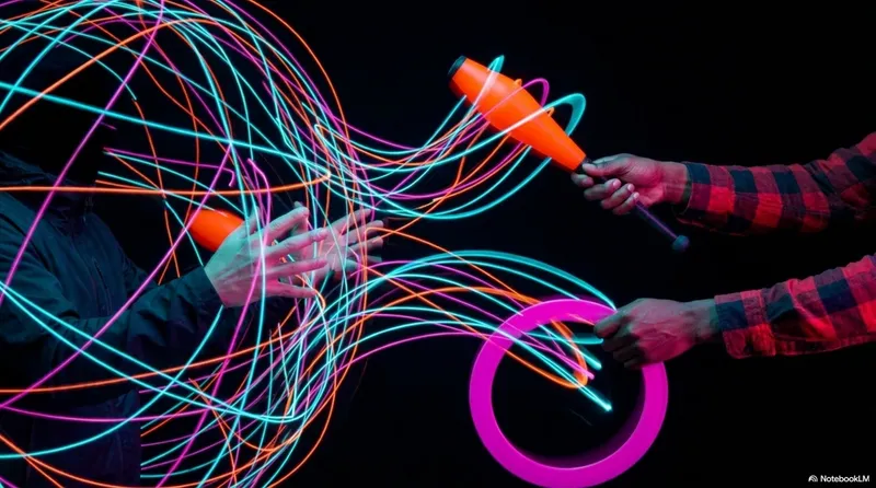 Two people facing each other in darkness, a chaotic web of colored light trails between them where clubs, balls and rings cross in every direction
