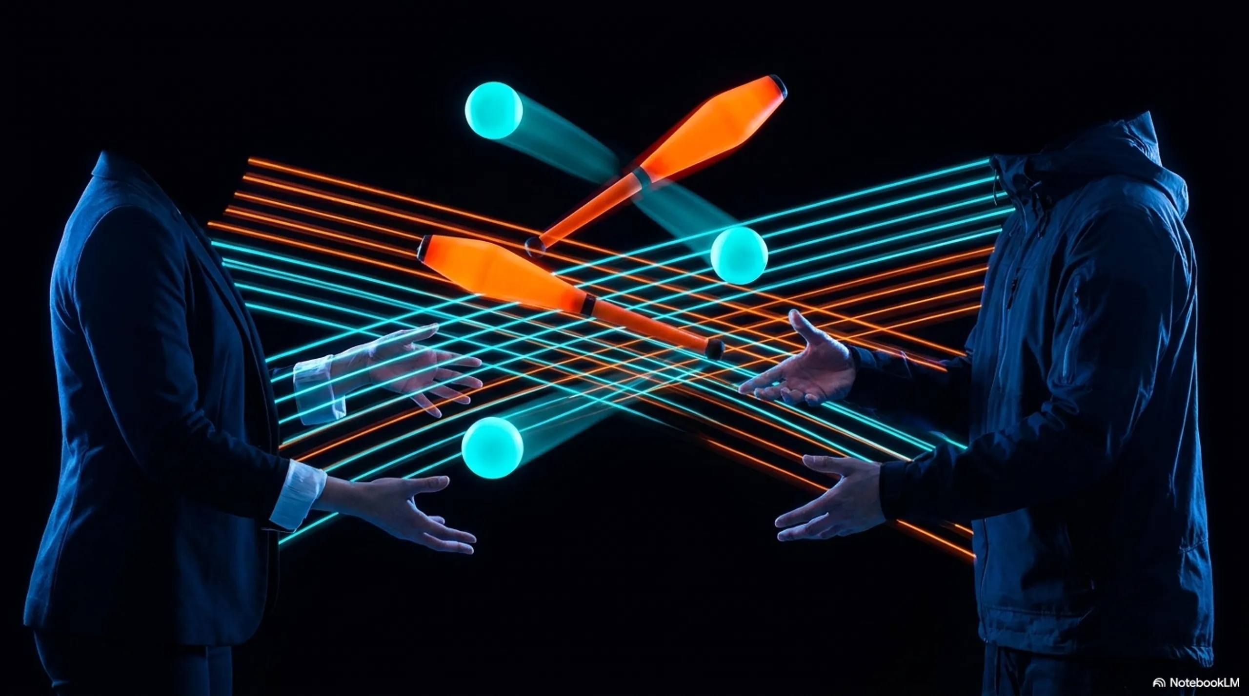 Two people facing each other, clubs and light trails forming a symmetric grid between them, showing the mathematical structure of passing patterns