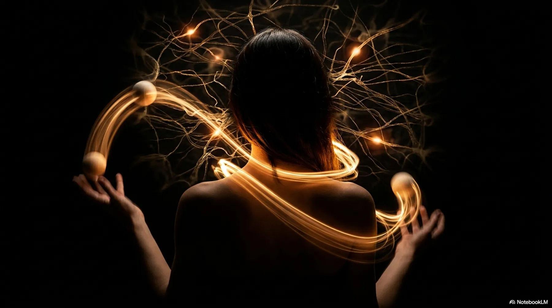 Woman seen from behind with golden juggling arcs and neural tendrils spreading from her head simultaneously