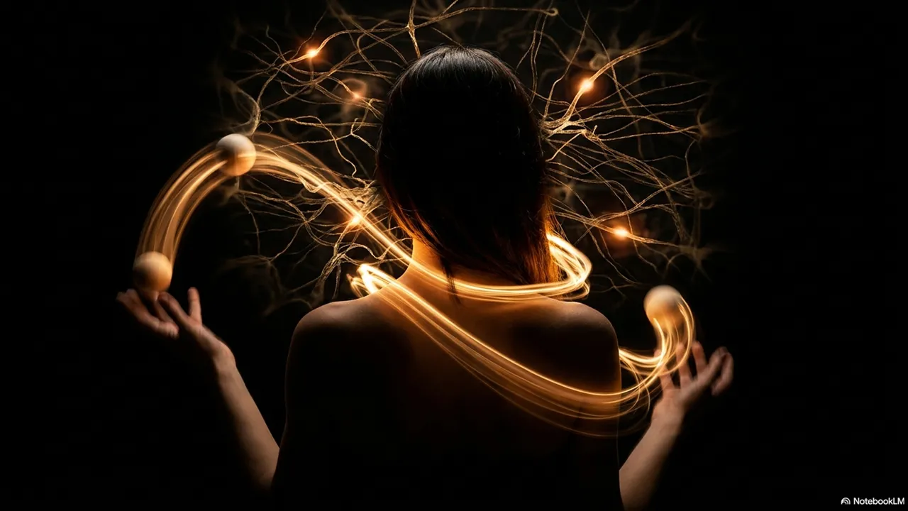 A woman seen from behind, arms extended with golden juggling arcs flowing from her hands, while fine golden neural tendrils branch outward from the back of her head - the external arc and internal neural network visible simultaneously