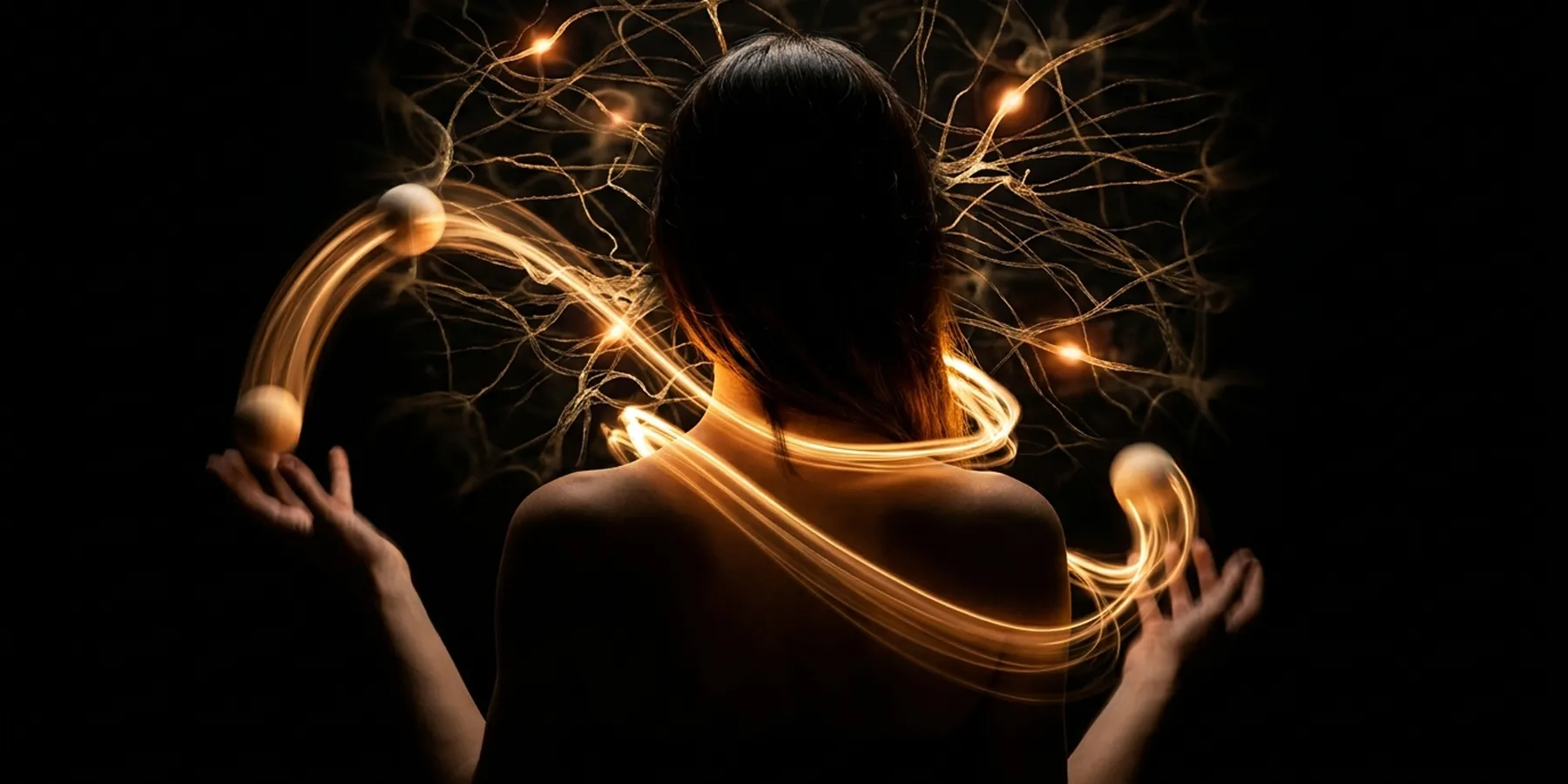 Woman seen from behind with golden juggling arcs and neural tendrils spreading from her head simultaneously