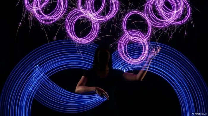 Woman surrounded by rings at scale - large blue arcs below, purple rings multiplying above