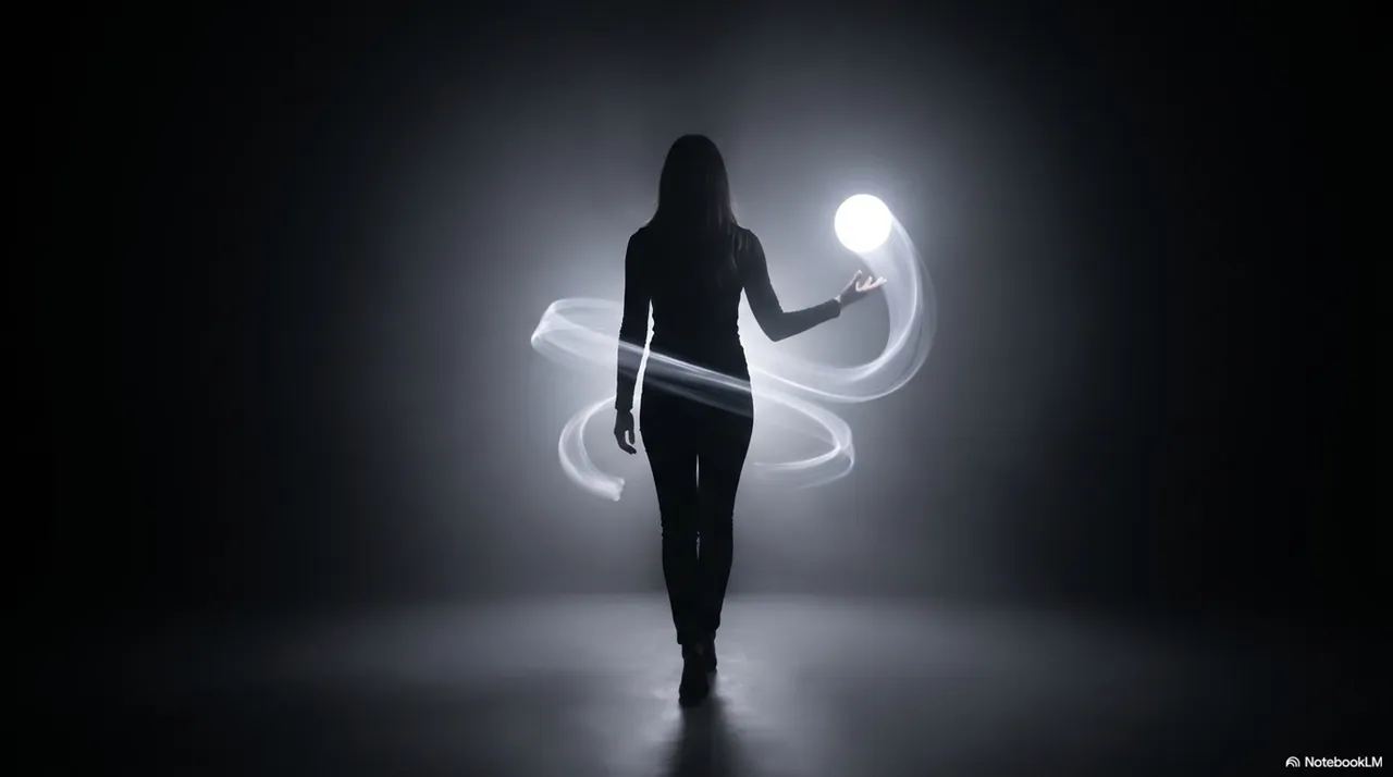 A woman's silhouette holding a glowing white ball with a soft spiral of white light curling around her in a clean gray space