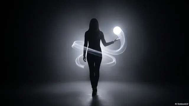 A woman's silhouette holding a glowing white ball with a soft spiral of white light curling around her in a clean gray space