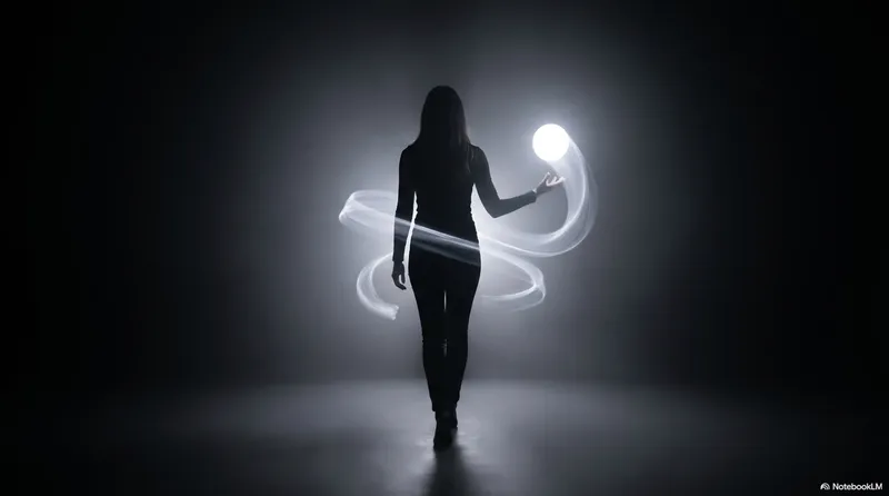 A woman's silhouette holding a glowing white ball with a soft spiral of white light curling around her in a clean gray space
