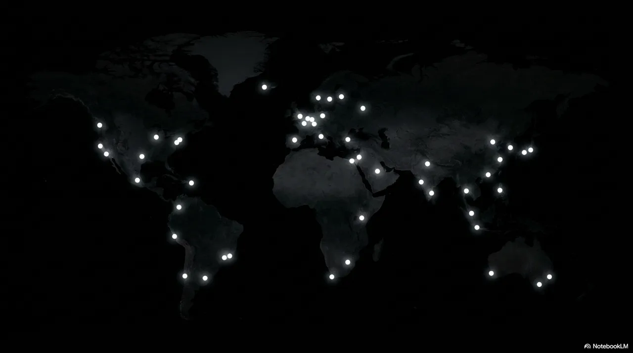 World map with glowing connection points at major cities, linked by luminous lines