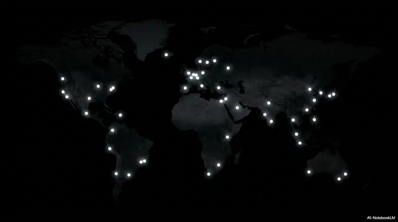 World map with glowing connection points at major cities, linked by luminous lines
