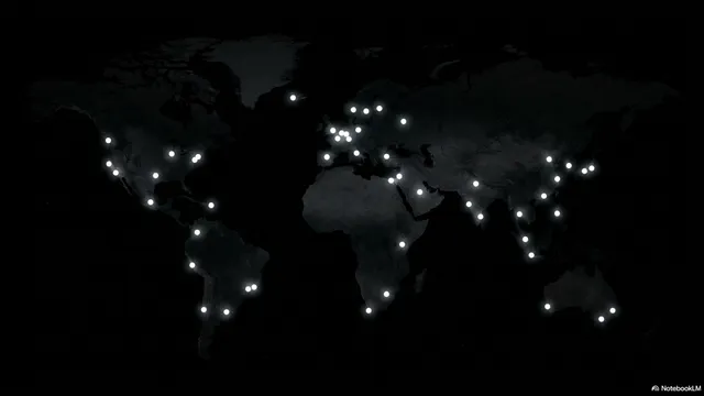 World map with glowing connection points at major cities, linked by luminous lines